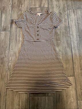Striped Brown & White Short Sleeve Knit Dress
